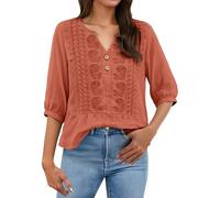 Longbluse Damen lässig für Leggings Leinenbluse Sommer 3/4 Arm Leinen Bluse Casual V-Ausschnitt Leinenhemd Atmungsaktiv Locker Blusenshirt Leicht und Luftig Sommertops Strand Shirt Sport t Shirt