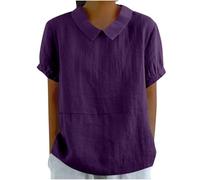 Longbluse Damen lässig für Leggings Musselin Bluse Damen Sommer O-Ausschnitt Leinenbluse Kurzarm Tshirt Lässig Einfarbig Oberteile T-Shirt aus Baumwolle und Leinen Basic Shirt Tunika Leichte