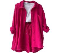 Longbluse Damen Lässig Für Leggings Oversize Blusenshirt Hose Bluse Set Damen Trachtenbluse Revers Clothes Kurzarm-Blusen Damen Anzug Elegant 2 Teilig Schlupfbluse Hawaii Shirt(1-Hot Pink,S)