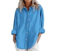 Longbluse Damen Sommer Kurzarm Leinenbluse Rundhals Blusenshirt Elegant Leinenshirt mit Knopfleiste Hemdbluse Sommer Blusenshirt Casual Locker Leinenhemd Strand Shirt Leicht Luftig Oberteile