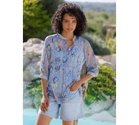 Longbluse HEINE, Damen, Gr. 46, eisblau, sand, bedruckt, 100% Polyester, bedruckt, gemustert, mehrfarbig, Rundhals, Blusen Longbluse (26436052-46) eisblau, sand, bedruckt