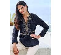 Longbluse HEINE, Damen, Gr. 46, schwarz, 100% Baumwolle, gemustert, mehrfarbig, Rundhals, Blusen Longbluse (21439633-46) schwarz