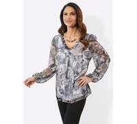 Longbluse LADY, Damen, Gr. 42, grau (sesam, schwarz, bedruckt), 100% Polyester, geblümt, gemustert, mehrfarbig, V-Ausschnitt, Blusen Longbluse (67747367-42) sesam, schwarz, bedruckt