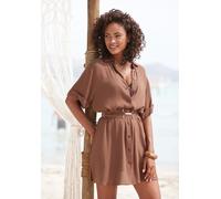 Longbluse LASCANA "aus weicher Crêpequalität", Damen, Gr. 38, braun, Crêpe, Obermaterial: 100% Viskose, unifarben, figurumspielend kurz, mit Aufschlag, Blusen Longbluse, Lockeres Blusenkleid, Kurzarmb