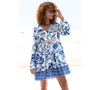 Longbluse LASCANA, Damen, Gr. 32/34, blau (creme, blau bedruckt), Web, Obermaterial: 100% Viskose. Spitze: 100% Baumwolle, bedruckt, modisch, figurumspielend kurz, V-Ausschnitt, Langarm Volant, Blusen