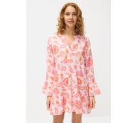 Longbluse LASCANA, Damen, Gr. 36/38, bunt (orange, pink bedruckt), Web, Obermaterial: 58% Viskose, 28% Baumwolle, 14% Leinen, bedruckt, figurumspielend knieumspielend, Rundhals, Volant, Blusen Longblu