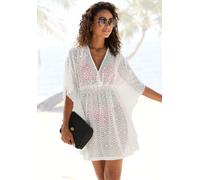 Longbluse LASCANA, Damen, Gr. 38, weiß, Spitze, Obermaterial: 95% Polyester, 5% Elasthan, transparent, unifarben, figurumspielend Po-bedeckend, tiefer V-Ausschnitt, Fledermausärmel, Blusen Longbluse,