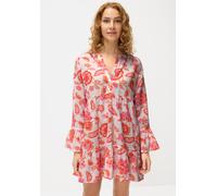 Longbluse LASCANA, Damen, Gr. 40/42, bunt (orange, pink bedruckt), Web, Obermaterial: 58% Viskose, 28% Baumwolle, 14% Leinen, bedruckt, figurumspielend knieumspielend, Rundhals, Volant, Blusen Longblu