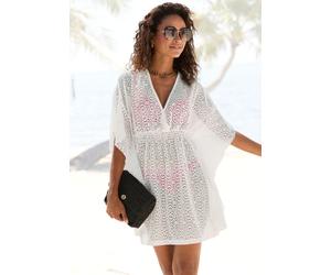 Longbluse LASCANA, Damen, Gr. 40, weiß, Spitze, Obermaterial: 95% Polyester, 5% Elasthan, transparent, unifarben, figurumspielend Po-bedeckend, tiefer V-Ausschnitt, Fledermausärmel, Blusen Longbluse,