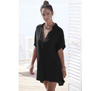 Longbluse LASCANA, Damen, Gr. 42, schwarz, Crêpe, Obermaterial: 100% Viskose, unifarben, figurumspielend kurz, mit Aufschlag, Blusen Longbluse, mit Knopfleiste, Kurzarmbluse, Blusenkleid, sommerlich (