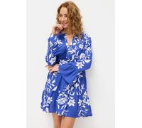 Longbluse LASCANA, Damen, Gr. 44/46, beige (royalblau, creme), Web, Obermaterial: 58% Viskose, 28% Baumwolle, 14% Leinen, bedruckt, figurumspielend kurz, V-Ausschnitt, Blusen Longbluse, aus weicher We