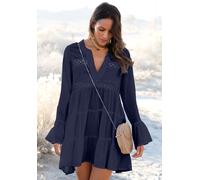 Longbluse LASCANA, Damen, Gr. 44/46, blau (marine), Web, Obermaterial: 100% Viskose. Spitze: 100% Baumwolle, modisch, figurumspielend kurz, V-Ausschnitt, Langarm Volant, Blusen, mit Spitzeneinsätzen, 