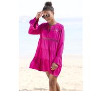Longbluse LASCANA, Damen, Gr. 44/46, pink, Web, Obermaterial: 100% Viskose. Spitze: 100% Baumwolle, unifarben, figurumspielend kurz, V-Ausschnitt, Volant, Blusen Longbluse, mit Spitzeneinsätzen, Tunik