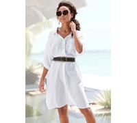 Longbluse LASCANA, Damen, Gr. 44, weiß, Web, Obermaterial: 58% Viskose, 28% Baumwolle, 14% Leinen, unifarben, casual, figurumspielend kniebedeckend, V-Ausschnitt, 3/4-Ärmel mit Riegel krempelbar, Blus