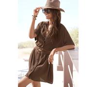 Longbluse LASCANA, Damen, Gr. 46, braun, Crêpe, Obermaterial: 100% Viskose, unifarben, figurumspielend kurz, mit Aufschlag, Blusen Longbluse, mit Knopfleiste, Kurzarmbluse, Blusenkleid, sommerlich (95