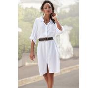 Longbluse LASCANA, Damen, Gr. 46, weiß, Web, Obermaterial: 58% Viskose, 28% Baumwolle, 14% Leinen, unifarben, figurumspielend kniebedeckend, V-Ausschnitt, mit Riegel krempelbar, Blusen Longbluse, aus