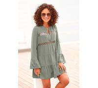 Longbluse LASCANA "in weiter Form mit Spitzeneinsätzen", Damen, Gr. 44/46, grün (helles khaki), Web, Obermaterial: 100% Viskose, unifarben, figurumspielend kurz, V-Ausschnitt, Volant, Blusen Longbluse