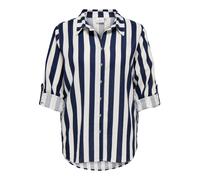 Longbluse ONLY CARMAKOMA "CARGOA 3/4 STRAP LINEN BL SHIRT CC PNT", Damen, Gr. 46, cloud dancer stripes:navy blazer, Web, Obermaterial: 70% Viskose, 30% Leinen, gestreift, loose fit normal, mit Umschla