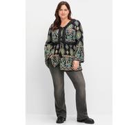 Longbluse SHEEGO BY JOE BROWNS, Damen, Gr. 54, schwarz (schwarz, gemustert), 100% Viskose, bedruckt, ethno, gemustert, mehrfarbig, V-Ausschnitt, Blusen Longbluse (13258100-54) schwarz, gemustert