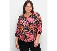 Longbluse SHEEGO, Damen, Gr. 40, schwarz (schwarz, gemustert), 100% Viskose, geblümt, gemustert, mehrfarbig, V-Ausschnitt, Blusen (38717769-40) schwarz, gemustert