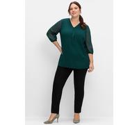 Longbluse SHEEGO, Damen, Gr. 42, grün (tiefgrün), 100% Polyester, unifarben, V-Ausschnitt, Blusen Longbluse (29297410-42) tiefgrün