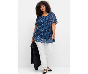 Longbluse SHEEGO, Damen, Gr. 44/46, blau (marine, gemustert), 100% Polyester, geblümt, gemustert, Rundhals, Blusen Longbluse (86358358-44) marine, gemustert