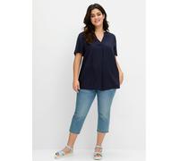 Longbluse SHEEGO, Damen, Gr. 44, blau (tiefblau), 100% Viskose, unifarben, V-Ausschnitt, Blusen Longbluse (75561514-44) tiefblau