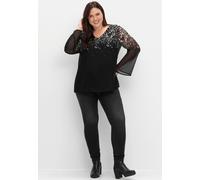 Longbluse SHEEGO, Damen, Gr. 44, schwarz-weiß (schwarz, weiß gemustert), 100% Polyester, bedruckt, gemustert, mehrfarbig, V-Ausschnitt, Blusen Longbluse (11710964-44) schwarz, weiß gemustert