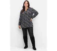 Longbluse SHEEGO, Damen, Gr. 44, schwarz-weiß (schwarz, weiß gemustert), 100% Viskose, Paisley, geblümt, gemustert, mehrfarbig, V-Ausschnitt, Blusen Longbluse (55636709-44) schwarz, weiß gemustert