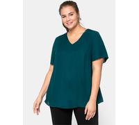 Longbluse SHEEGO, Damen, Gr. 46, grün (tiefgrün), 100% Polyester, unifarben, V-Ausschnitt, Blusen Longbluse (50170822-46) tiefgrün