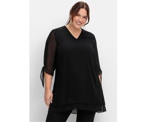 Longbluse SHEEGO, Damen, Gr. 50, schwarz, 100% Polyester, Unterteil:5% Elasthan, 95% Viskose, unifarben, V-Ausschnitt, Blusen Longbluse (61475265-50) schwarz