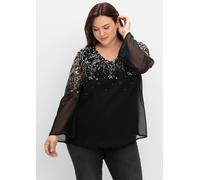 Longbluse SHEEGO, Damen, Gr. 50, schwarz-weiß (schwarz, weiß gemustert), 100% Polyester, bedruckt, gemustert, mehrfarbig, V-Ausschnitt, Blusen Longbluse (11710964-50) schwarz, weiß gemustert