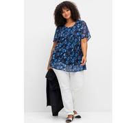 Longbluse SHEEGO, Damen, Gr. 52/54, blau (marine, gemustert), 100% Polyester, geblümt, gemustert, Rundhals, Blusen Longbluse (86358358-52) marine, gemustert