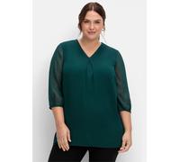 Longbluse SHEEGO, Damen, Gr. 52, grün (tiefgrün), 100% Polyester, unifarben, V-Ausschnitt, Blusen Longbluse (29297410-52) tiefgrün