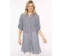 Longbluse ZWILLINGSHERZ "Kida", Damen, blau (marine), Web, Obermaterial: 100% Baumwolle, comfort fit lang, V-Ausschnitt, Krempelärmel 1-Knopf-Manschette, Blusen Longbluse, One Size, Streifen, Knopflei