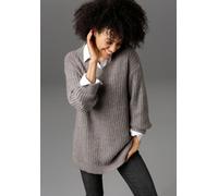 Longpullover ANISTON CASUAL, Damen, Gr. 46, grau (grau, meliert), Grobstrick, Obermaterial: 100% Polyacryl, meliert, sehr weit Po-bedeckend, V-Ausschnitt, Strickbündchen, Pullover Longpullover, mit fi