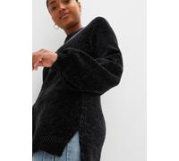 Longpullover BONPRIX "Chenille-Longpullover", Damen, Gr. 40/42 (M), schwarz, Strick, Obermaterial: 100% Polyester, bequem Po-bedeckend, U-Boot-Ausschnitt, weit Strickbund, Pullover Longpullover, aus C