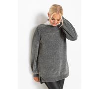 Longpullover BONPRIX "Chenille-Longpullover", Damen, Gr. 44/46 (L), grau (anthrazit), Obermaterial: 100% Polyester, bequem, Pullover Longpullover, aus Chenille, mit breitem U-Boot-Ausschnitt, für kühl