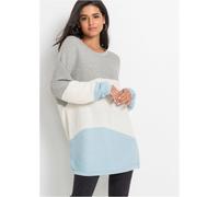 Longpullover BONPRIX, Damen, Gr. 48/50 (XL), grau (hellgrau meliert, wollweiß, eisblau gestreift), Strick, Obermaterial: 50% Baumwolle, 50% Polyacryl, gestreift, oversize ca. Mitte Oberschenkel, Rundh