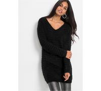 Longpullover BONPRIX "Flauschiger Long-Pullover", Damen, Gr. 48/50 (XL), schwarz, Strick, Obermaterial: 70% Polyamid, 30% Polyacryl, unifarben, bequem ca. Mitte Oberschenkel, V-Ausschnitt, Strickbündc