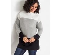 Longpullover BONPRIX "Gestreifter Long-Pullover", Damen, Gr. 36/38 (S), weiß (wollweiß, grau, schwarz gestreift), Obermaterial: 50% Baumwolle, 50% Polyacryl, oversize, Pullover Longpullover, aus Baumw