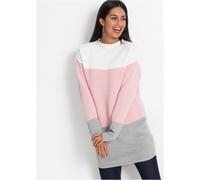 Longpullover BONPRIX "Gestreifter Long-Pullover", Damen, Gr. 56/58 (XXXL), weiß (wollweiß, puderrosa, grau gestreift), Obermaterial: 50% Baumwolle, 50% Polyacryl, oversize, Pullover Longpullover, aus 