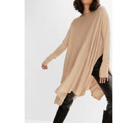 Longpullover BONPRIX "Long-Pullover aus Viskose-Mix", Damen, Gr. 40/42 (M), beige (saharabeige meliert), Feinstrick, Obermaterial: 50% Polyacryl, 50% Viskose, unifarben, oversize knieumspielend, Rundh