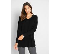 Longpullover BONPRIX "Long-Pullover", Damen, Gr. 36/38 (S), schwarz, Obermaterial: 70% Baumwolle, 30% Polyamid, loose fit, V-Ausschnitt, Pullover Longpullover, aus Baumwolle und Polyamid, mit V-Aussch