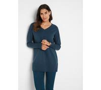Longpullover BONPRIX "Long-Pullover", Damen, Gr. 40/42 (M), blau (dunkelblau), Feinripp, Obermaterial: 70% Baumwolle, 30% Polyamid, unifarben, loose fit Po-bedeckend, V-Ausschnitt, Strickbündchen, Pul