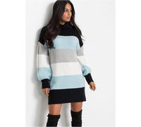 Longpullover BONPRIX "Long-Pullover", Damen, Gr. 40/42 (M), schwarz (schwarz, nebelblau gestreift), Strick, Obermaterial: 75% Polyacryl, 22% Polyester, 3% Elasthan, gestreift, bequem ca. Mitte Obersch