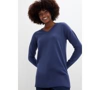 Longpullover BONPRIX "Long-Pullover", Damen, Gr. 52/54 (XXL), blau (indigo), Feinripp, Obermaterial: 70% Baumwolle, 30% Polyamid, unifarben, loose fit Po-bedeckend, V-Ausschnitt, Strickbündchen, Pullo