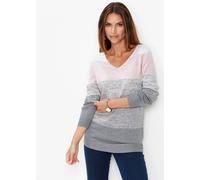 Longpullover BONPRIX "Long-Pullover mit Cashmere-Anteil", Damen, Gr. 52/54 (XXL), rosa (zartrosa, grau meliert gestreift), Obermaterial: 40% Viskose, 30% Polyamid, 25% Polyester, 5% Kaschmir, loose fi