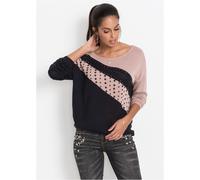 Longpullover BONPRIX "Longpullover mit Applikation", Damen, Gr. 36/38 (S), schwarz (schwarz, rosé), Feinstrick, Obermaterial: 50% Polyacryl, 50% Viskose, lässig geschnitten Po-bedeckend, Rundhals, Str