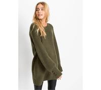 Longpullover BONPRIX "Longpullover mit Knöpfen", Damen, Gr. 48/50 (XL), grün (dunkeloliv), Rippstrick, Obermaterial: 75% Polyacryl, 22% Polyester, 3% Elasthan, unifarben, oversize ca. Mitte Oberschenk